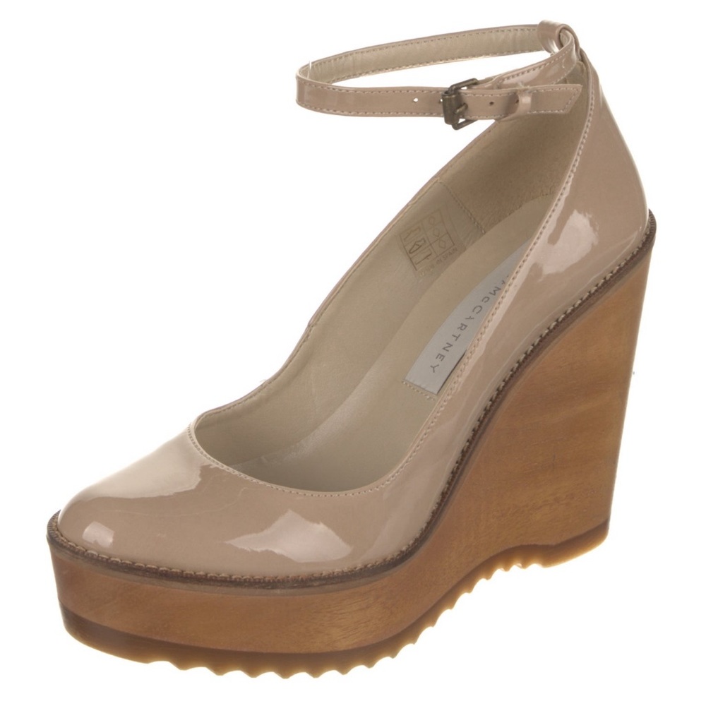 Stella McCartney Beige Nude Patent Leather Wooden Wedge Heel 9
